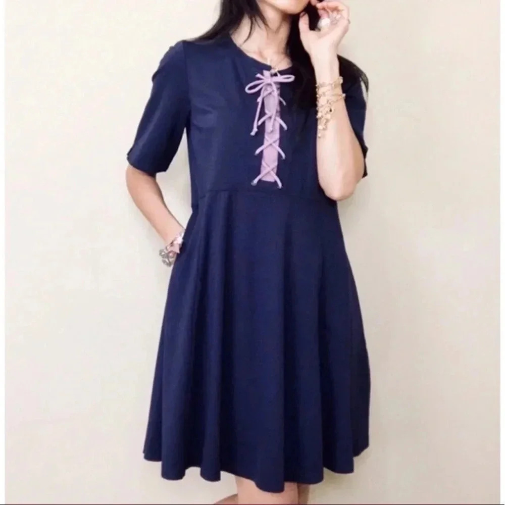 Maeve Anthropologie Navy Lace Up Dress Size Medium